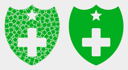 Obraz premium Dot and flat medical shield icons. Vector mosaic of medical shield organized of randomized small rectangles and round items.