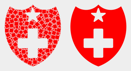 Fototapeta premium Dotted and flat medical shield icons. Vector mosaic of medical shield combined of irregular square elements and spheric elements.