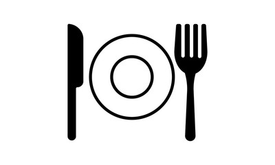 Plate, fork and knife icon on white background