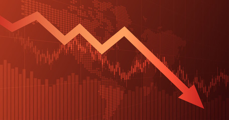 Widescreen abstract financial chart with downtrend line graph arrow and world map in stock market on red color background