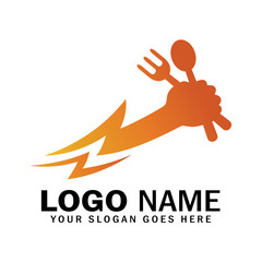 Hand logo holds spoon and fork with variations of thunder as fast symbol