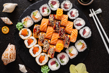 sushi on the black background