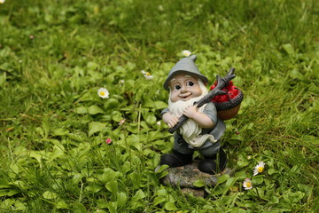 Vergn&uuml;gter Zwerg auf dem Heimweg &uuml;ber Stein und Wiese