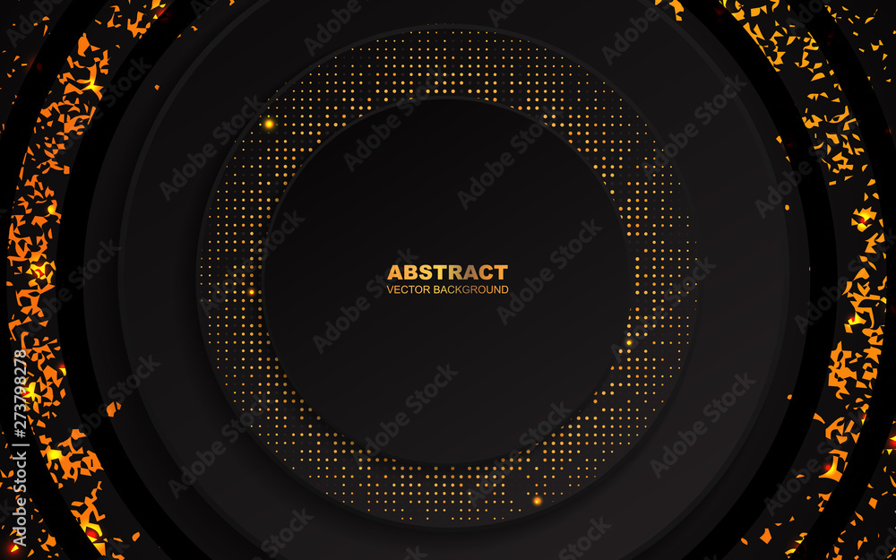 Poster abstract 3d modern cover design background with black circle and golden glitters pattern. vector tem