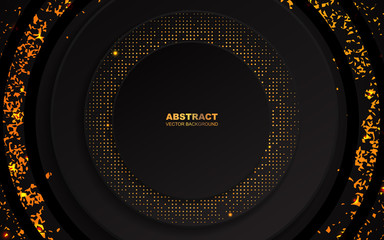 Obraz premium Abstract 3d modern cover design background with black circle and golden glitters pattern. Vector template for use frame, cover, banner, card, presentation, advertising, corporate