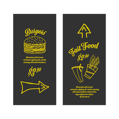 Fastfood banners set. Golden images on the black