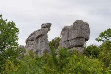 Sauve, France - 06 06 2019: Magical stones and green vegetation in the sea of rocks