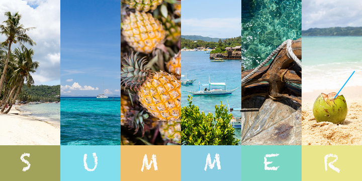 Collage beach summer in abstract style. Mockup, space for text. Beautiful beach. Tropical vacation background with tropical sandy beach, sea, fresh pineapples, boats, stair, coconut drink