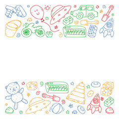Vector pattern with kindergarten, toy children. Happy children illustration. Drawing on a white background.