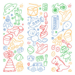Vector pattern with kindergarten, toy children. Happy children illustration. Drawing on a white background.
