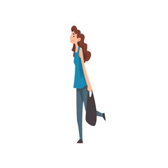 Young Woman Walking with Shopping Bag, Female Market Shopper Vector Illustration