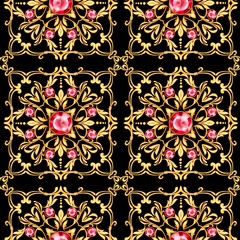 Seamless luxury pattern with gems and golden scrolls