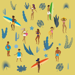 Set people at beach or seashore relaxing and performing summer outdoor activities at beach