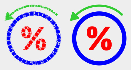 Dot and flat percent back icons. Vector mosaic of percent back combined of randomized square pixels and round pixels.