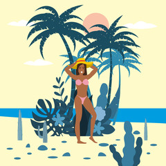 Beautiful young woman character in bikini and hat on background of exotic plants of palm sea