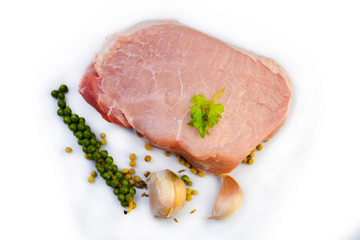 Fresh meat pig and spices isolated on white background