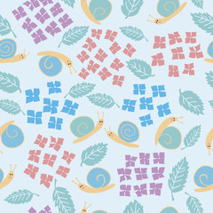 Seamless snail pattern. Light blue background. Vector illustration.