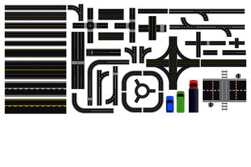 Fototapeta premium set of road parts with dashed line, roadside marking, intersections junction and crosswalk. easy to modify