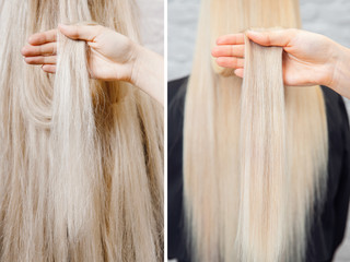 Sick, cut and healthy hair care straightening. Before and after treatment