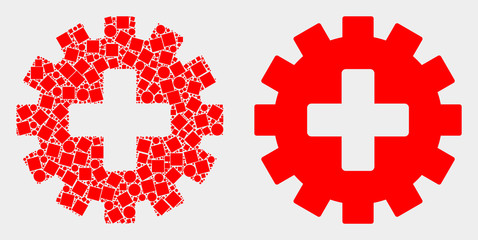 Obraz premium Dot and flat plus gear icons. Vector mosaic of plus gear combined of randomized square dots and round dots.