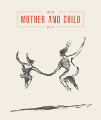 Mother and child running jumping silhouette vector