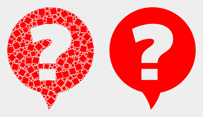 Pixel and flat question icons. Vector mosaic of question composed of scattered square elements and spheric elements.