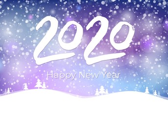 2020 happy new year postcard with falling snow on blue sky, frozen numbers 2020, snowdrifts, flat style design vector illustration on mesh background. Year of the metal rat.