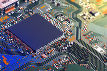 Electronic circuit board close up.