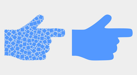 Pixel and flat right pointer finger icons. Vector mosaic of right pointer finger organized of randomized square pixels and circle pixels.