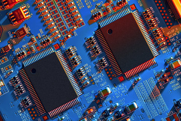Electronic circuit board close up.