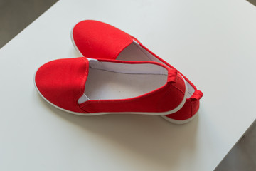 Red style woman sneakers. Fashion female footwear.