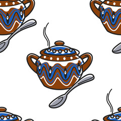 Saucepan with ornament and spoon Bulgarian clay pottery seamless pattern