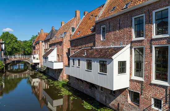 The famous 'hanging kitchens' over the Damsterdiep in the old town of Appingedam, Groningen, Holland.