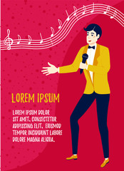 Showman or singer with a microphone. Event Management and Party Organization. Poster design template