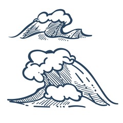 Storm sea or ocean wave isolated sketch icons