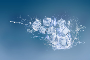 Ice cubes isolated over a blue background and copy space