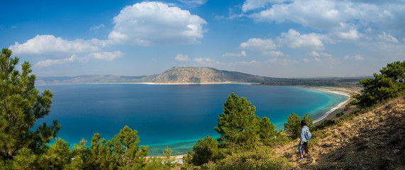 Panoramic View of Lake Salda from the hill, Burdur province in Turkey country