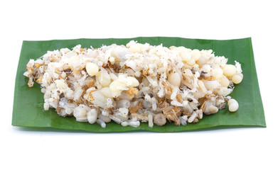 red ant egg with banana leaf isolated on white background