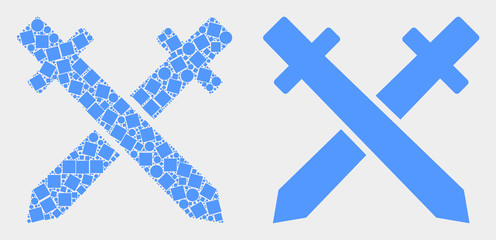 Obraz premium Dot and flat swords icons. Vector mosaic of swords designed of irregular small rectangles and circle points.