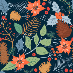 Christmas seamless pattern with Holly leaves, pinecones, berries, spruce twigs, poinsettia and snowflakes. Vector flat illustration for textile, print, postcard, invitation, poster, background, book, 