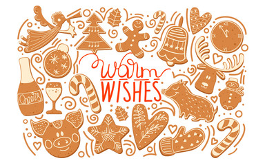 Christmas and Happy New Year greeting card with Christmas cookies and lettering. Vector design template.