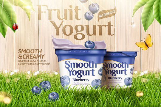 Blueberry yogurt on green grass