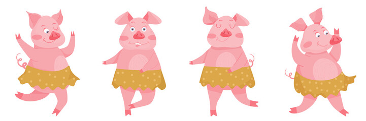 New Year greeting set of card with funny pigs. Cute pigs dance in skirts. Symbol of 2019 on the Chinese calendar. Vector illustration.