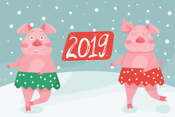 New Year greeting card  with funny pigs. Cute pigs dance in skirts in the forest. Symbol of 2019 on the Chinese calendar. Vector illustration.