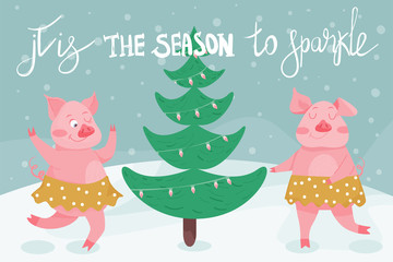 New Year greeting card  with funny pigs. Cute pigs dance in skirts in the forest. Symbol of 2019 on the Chinese calendar. Vector illustration.
