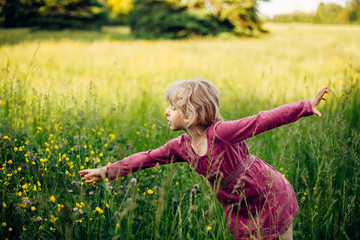 Naklejka na ściany i meble Cute preschool blonde Caucasian girl in red pink dress picking wild field flowers in tall grass in meadow outdoor. Happy child kid enjoying summer at sunset. Lifestyle authentic childhood.