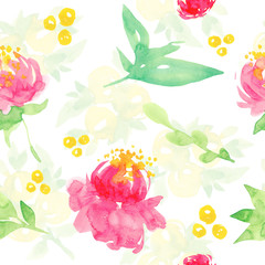 Seamless pattern with large watercolor peonies. Watercolor floral pattern and seamless background. Hand painted.