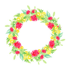 Wreath botanical round. Watercolor illustration. Cute watercolor flowers. Peonies, leaves. Template for decor, greeting card, wedding, birthday.