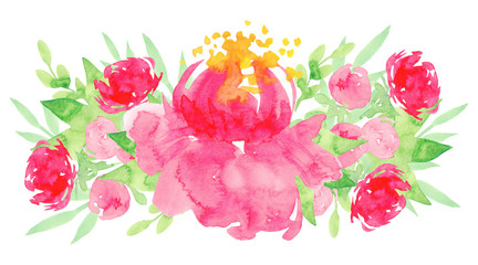 Fototapeta premium Watercolor illustration. Cute watercolor flowers. Peonies, leaves. Template for decor, greeting card, wedding, birthday.