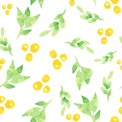Botany watercolor painting illustration. Seamless pattern with watercolor leaves, berries. Template for paper, wallpaper, wrapping.